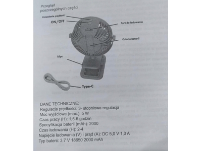 Wentylator biurkowy z klipsem pod USB z akumulatorem Volteno VO2547 szary