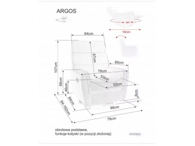 Fotel rozkładany bujany obracany podnóżek relax Argos RAVEN 07 szary Signal